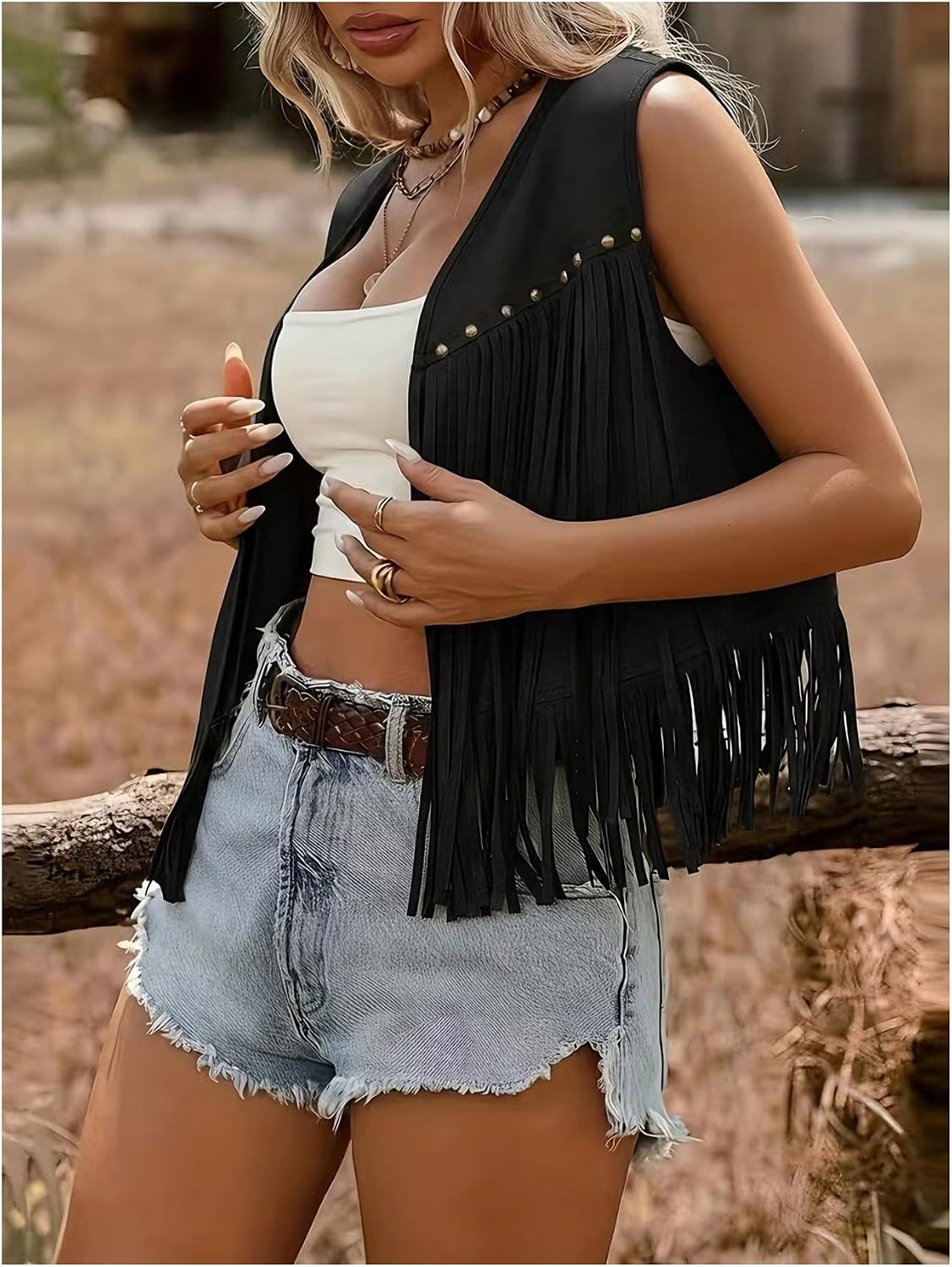MakeMeChic Women's Fringe Tops Rivet Suede Sleeveless Concert Western Vest Cowboy Jacket