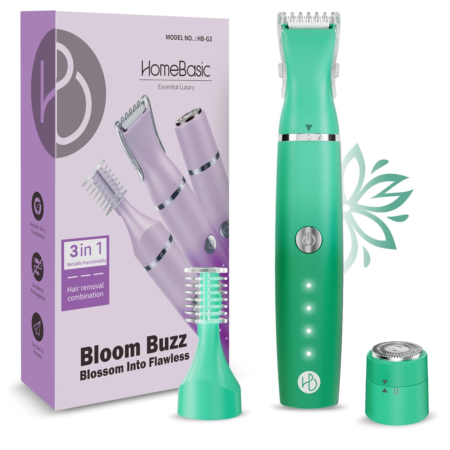 HOMEBASIC Precision Facial Hair Trimmer for Women 3-in-1 Detachable Heads for Face Eyebrow Under Arm Long Hair Remover, Body Shaver| Cordless Waterproof| 100 Min Runtime Rechargeable Battery (Green)