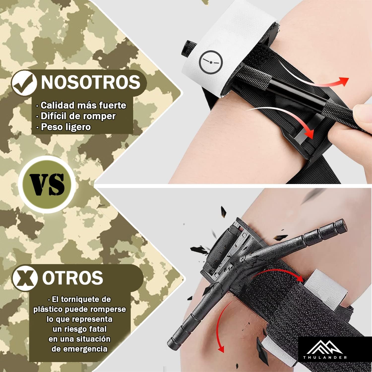 Thulander Pack 2 Torniquetes Tactico + 2 Vendajes Israeli Botiquin Primeros Auxilios para Hemorragias Control Perdida de Sangre Kit de Emergencia para Supervivencia Uso Militar Policial IFAK