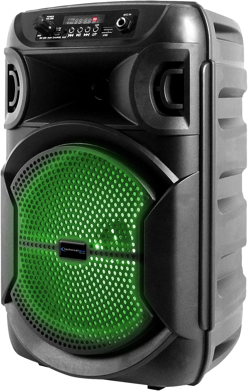 Front view of a single Technical Pro BOOM8 speaker with its green LED light illuminated.