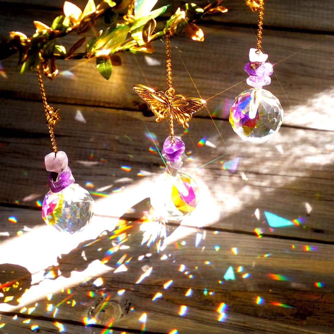 6 Paires De Breloques En Cristal Améthyste – Attrape-soleil Pour Fenêtre – Crochets Plaqué Or 18 Carats