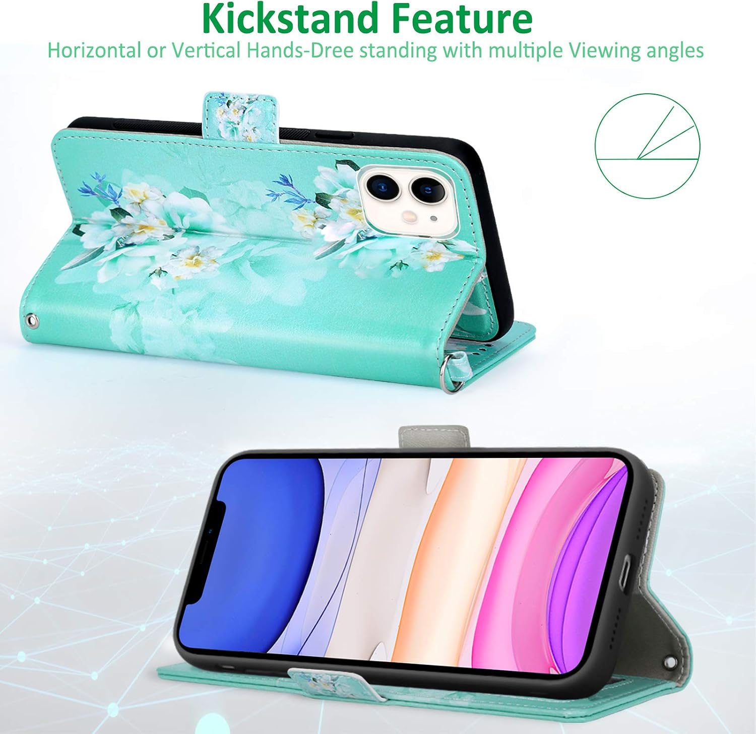 Casetego Compatible iPhone 11 Case,Detachable Magnetic Wallet Case PU Leather Full Body Protective Case with Credit Card Holders, Wrist Strap for Apple iPhone 11 6.1 inch,Green/White