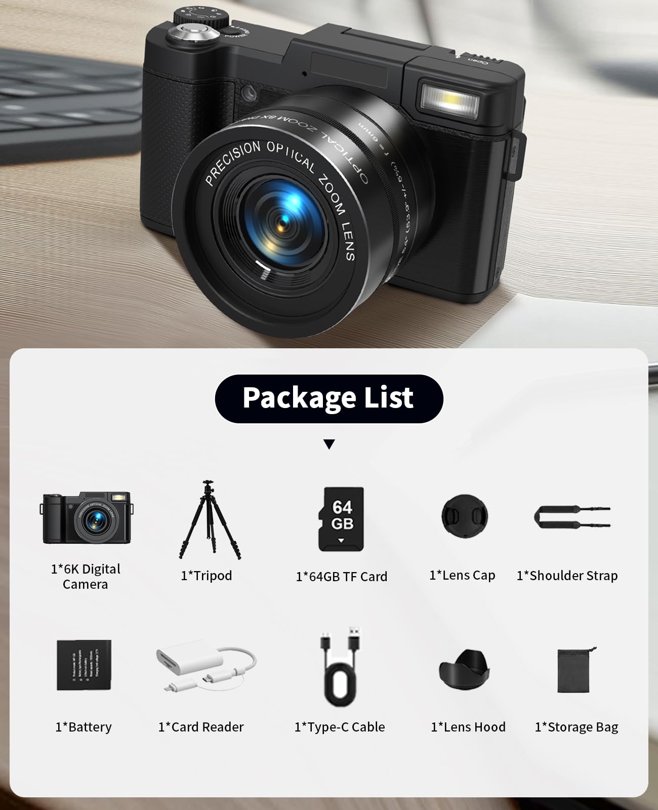 Longyi Digitalkamera 6K 75MP Kamera Fotokamera mit 8X Optischem Zoom, Anti-Shake, Autofokus Vlogging Kamera mit 180°-Klappbildschirm Selfie, 64GB-Card & Kartenleser, Ständer, Fotoapparat für Youtuber
