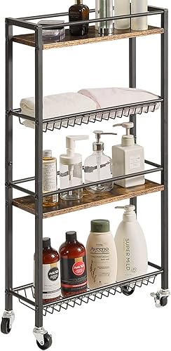 Miniatura 4 de YMYNY Carrito de almacenamiento delgado para cocina, carrito utilitario de 4 niveles con ruedas, para espacios estrechos, lavandería, comedor, baño,