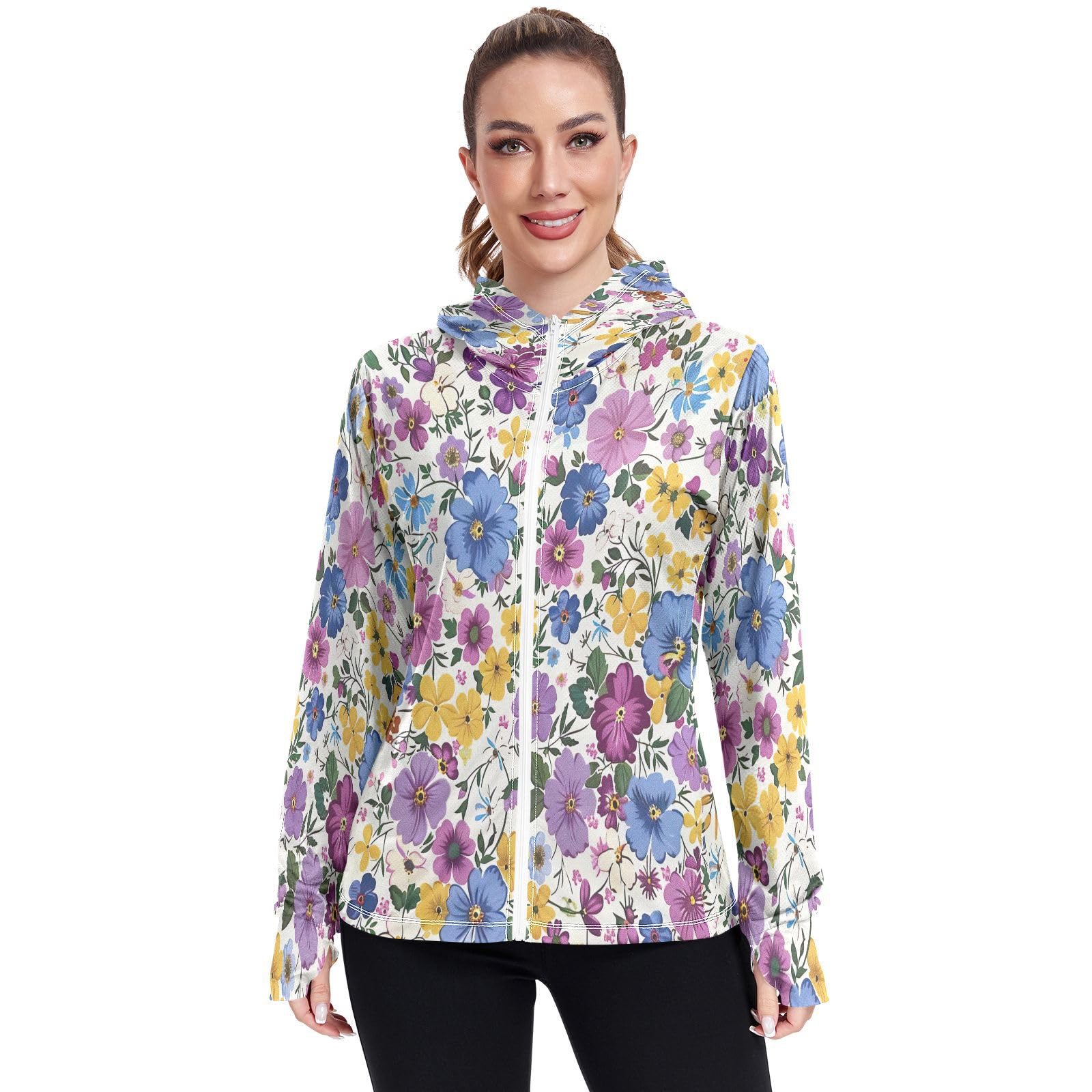 Kigai Flower Women's UPF 50+ Sun Protection Hoodie Jacket with Pocket Zip Long Sleeve Sun Shirt for Gardening Hiking Outdoor