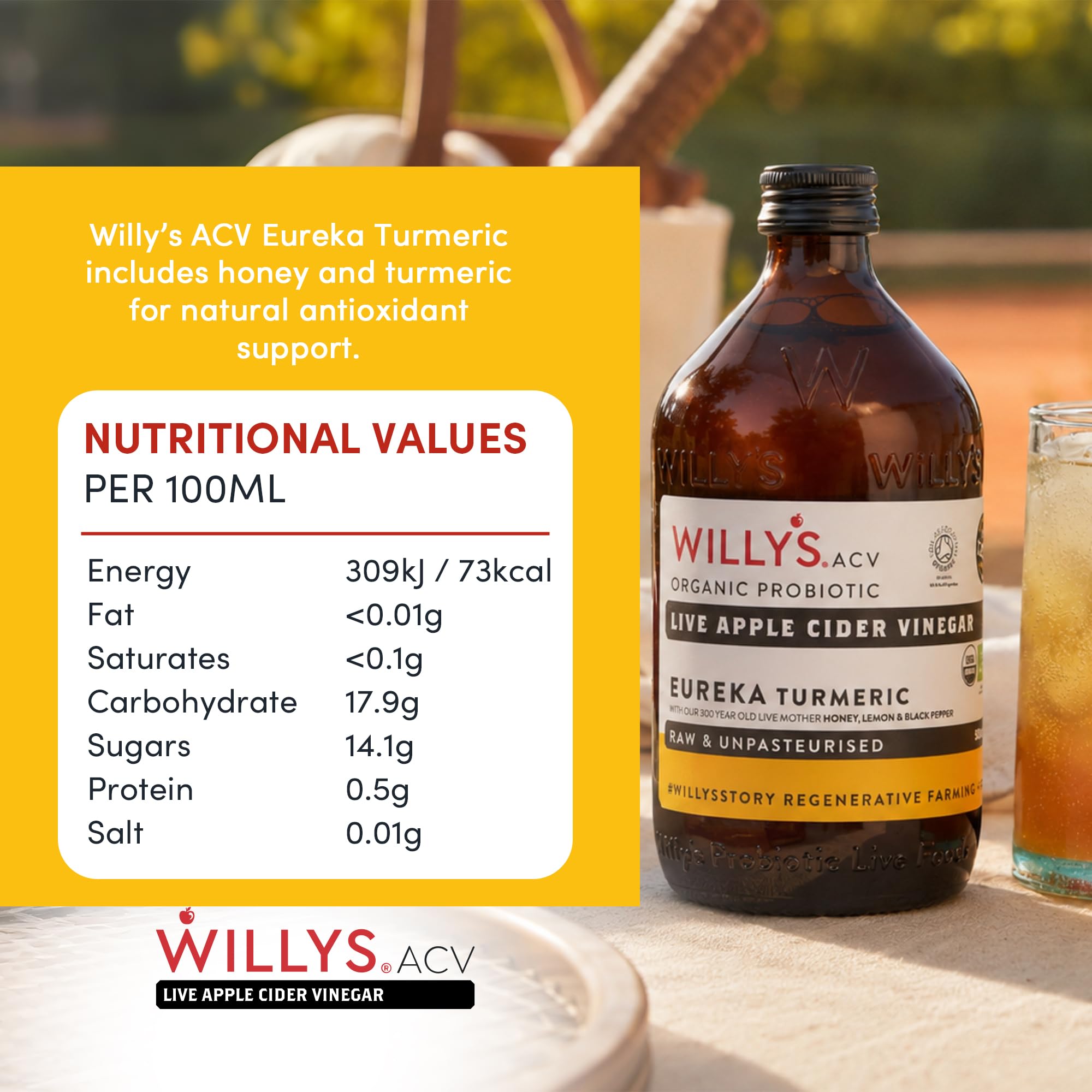 Willy's ACV Organiczny żywy probiotyczny ocet jabłkowy z matką dla zdrowia jelit - świeży kurkuma, miód i czarny pieprz (1 x 500 ml)