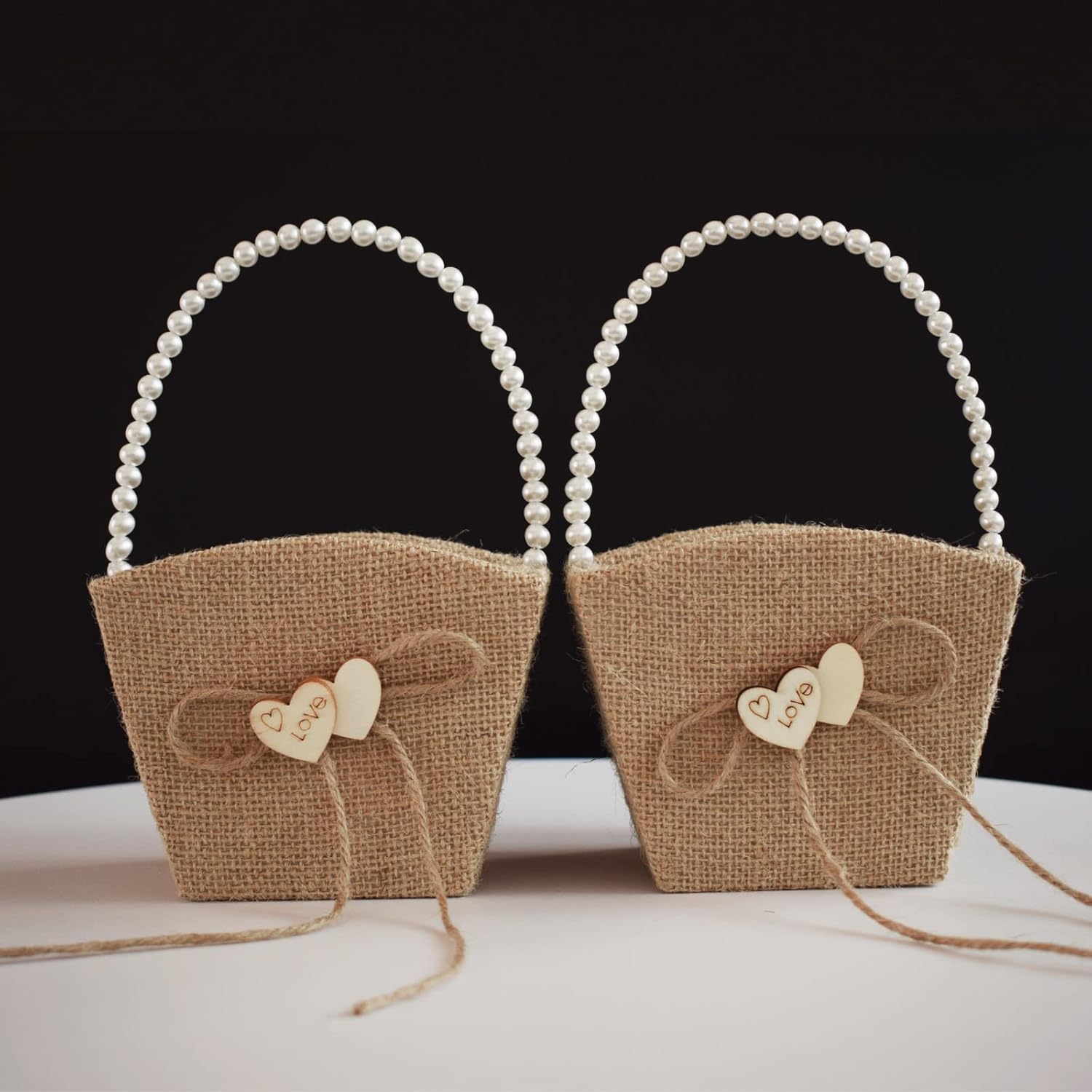 STAFUNI Rustic Burlap Flower Girl Baskets with Pearl Handle