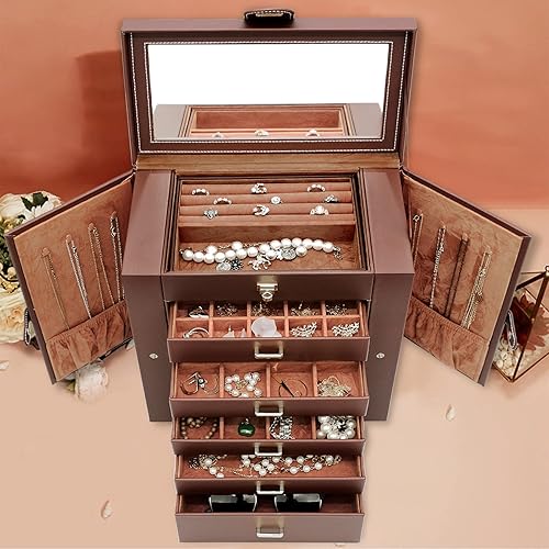 Miniatura 7 de AKOZLIN - Organizador de joyas grande de 6 niveles, con cerradura, funcional y enorme, con 5 cajones, de cuero, para mujeres y niñas, para anillos,