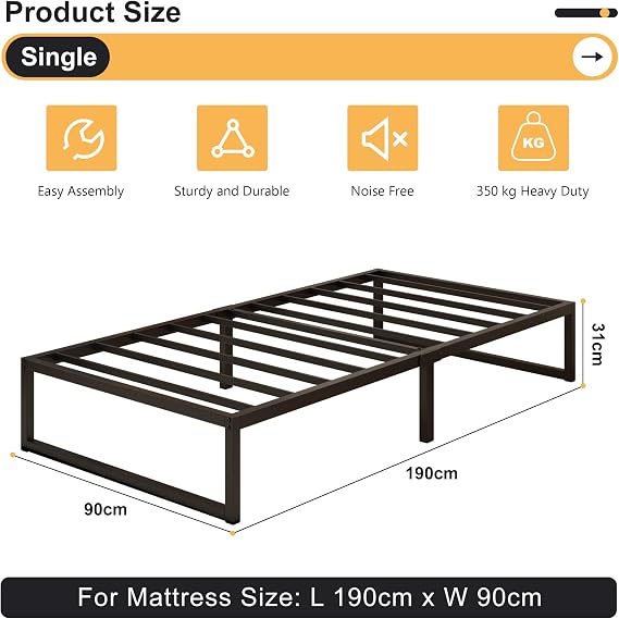 Yicensen Single Bed Frame 90x190 cm, Easy Assembly, Noise Free, Black