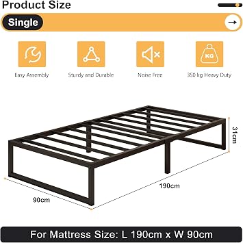 Yicensen Single Bed Frame 90x190 cm, Easy Assembly, Noise Free, Black