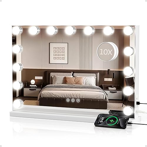 Vanity Mirror with Lights, Lighted Makeup Mirror with 10X Magnification, 15 Dimmable Bulbs, 3 Color Lights, USB/Type-C Charging Ports, Metal Frame, Gifts for Women, White (23" W x 18" H)