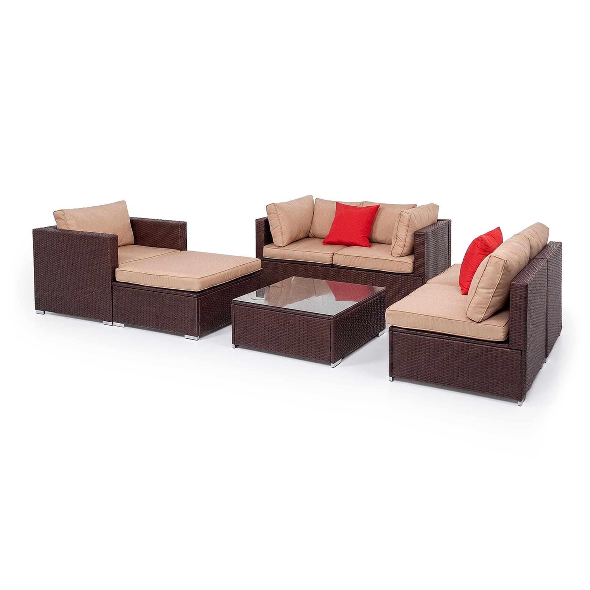 Conjunto de Muebles de Jardín Karl 7 Piezas, Sofá de Exterior Seccional de Ratán Sintético PE, Estructura de Hierro, Cojines de 8 cm y Mesa con Cristal Templado, Marrón