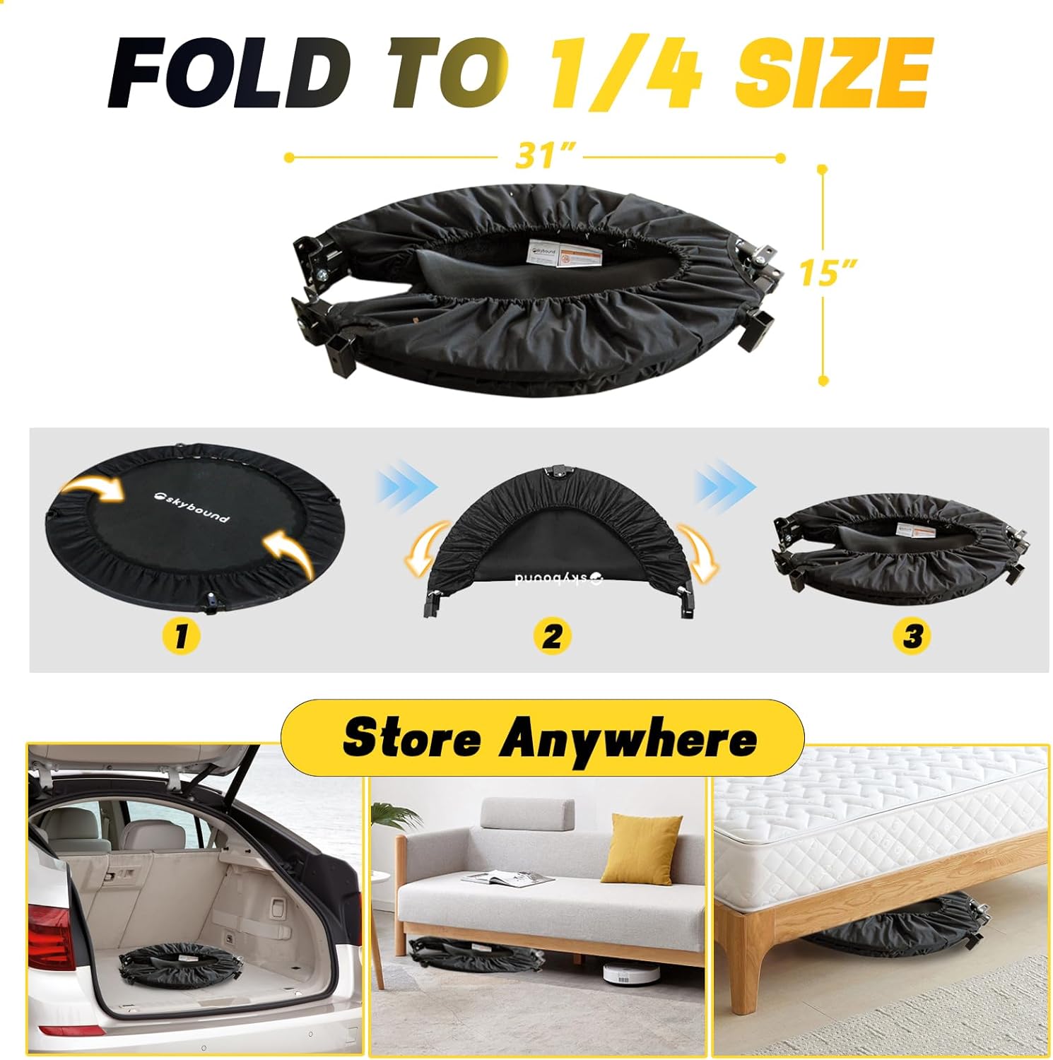 SkyBound Rebounder Trampoline for Adults - Indoor Mini Trampoline with Bar, Fitness Rebounder with 3 Adjustable Foam Handles, Exercise Trampoline for Adults Indoor/Garden Workout