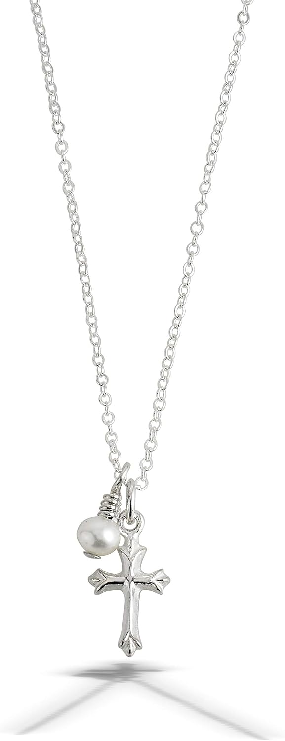 Tiny Sterling Silver Cross Necklace with Chain, or with Chain and Pearl Drop for Babies (12"), Girls (14") & Teen (16") Makes an Ideal Baby Shower, Baptism, Christening, or Welcome New Baby gift and will become a Treasured Heirloom
