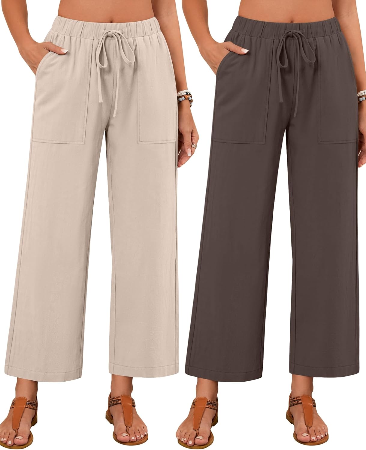 Neer 2 Pack Women’s Linen Pants with Pocket, Casual Summer Drawstring Beach Pants High Waisted Wide Leg Loose Palazzo Trouser