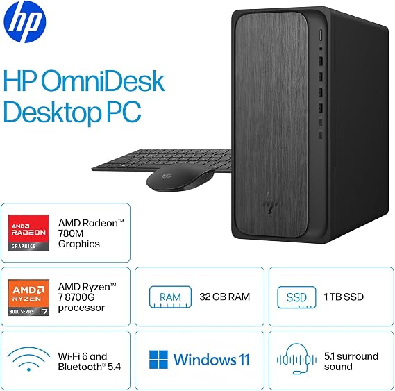 HP OmniDesk Desktop Computer Tower PC, AMD Ryzen 7(16 NPU Tops), AMD Radeon 780M, PC Tower Computer Desktop for Business, Gaming&Home Office, 32GB DDR5 1TB SSD|Windows 11 Pro|RJ-45|Dual Display Setup