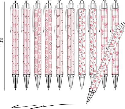 22 Pcs Cute Pink Bow Stuff,10 Pink Coquette Bow Pens and 12 Pads Bow Sticky Notes,Valentines Gifts,Black Ink Ballpoint Pens for Birthday Party Back to School Student Gift Women Office School Supplies