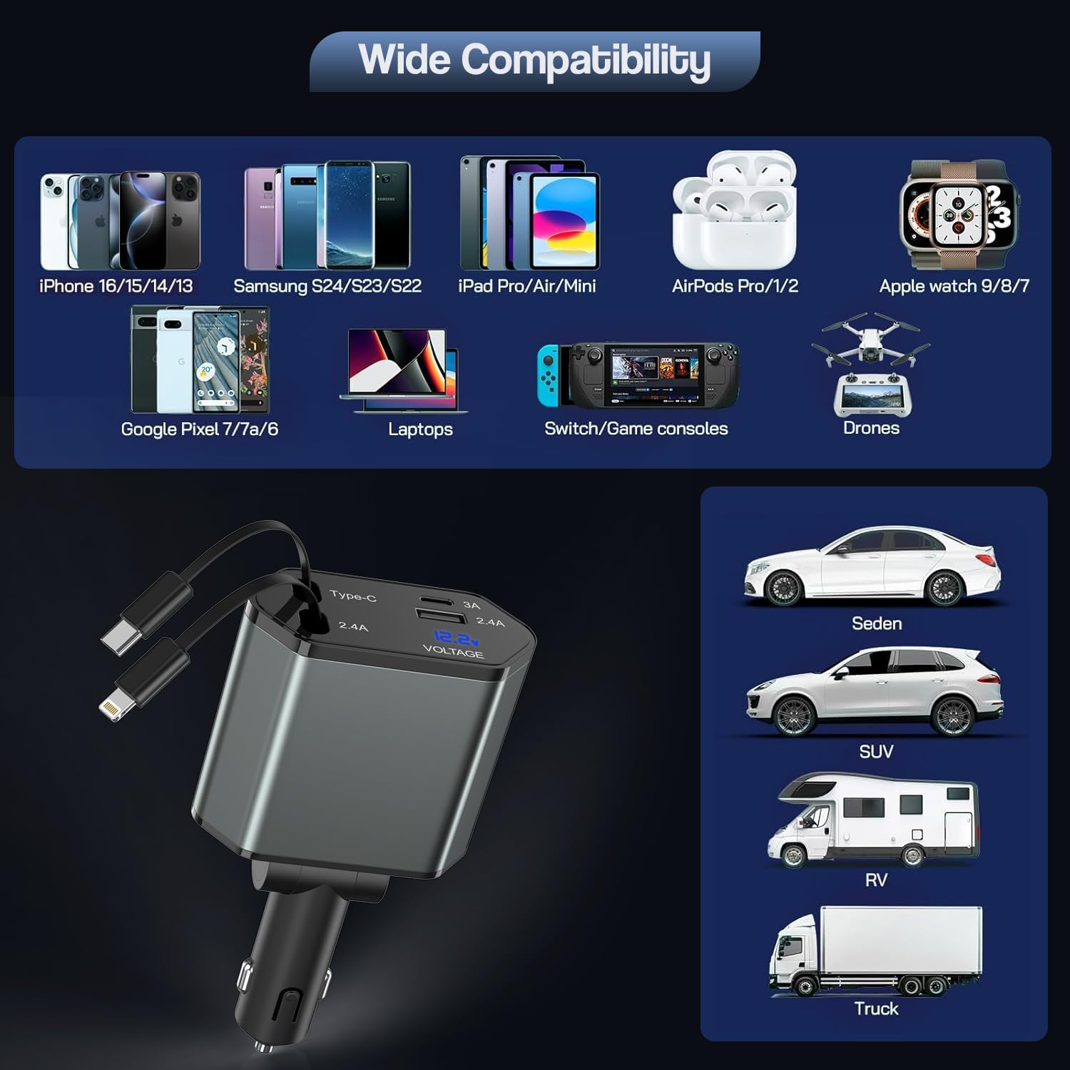 Cargador retráctil de coche para iPhone, cargador de coche 4 en 1 de 66 W, carga rápida, 2 cables retráctiles (PD y Lightning) y 2 puertos (USB C y USB A) para Apple Car Charging Cigarette Adapter