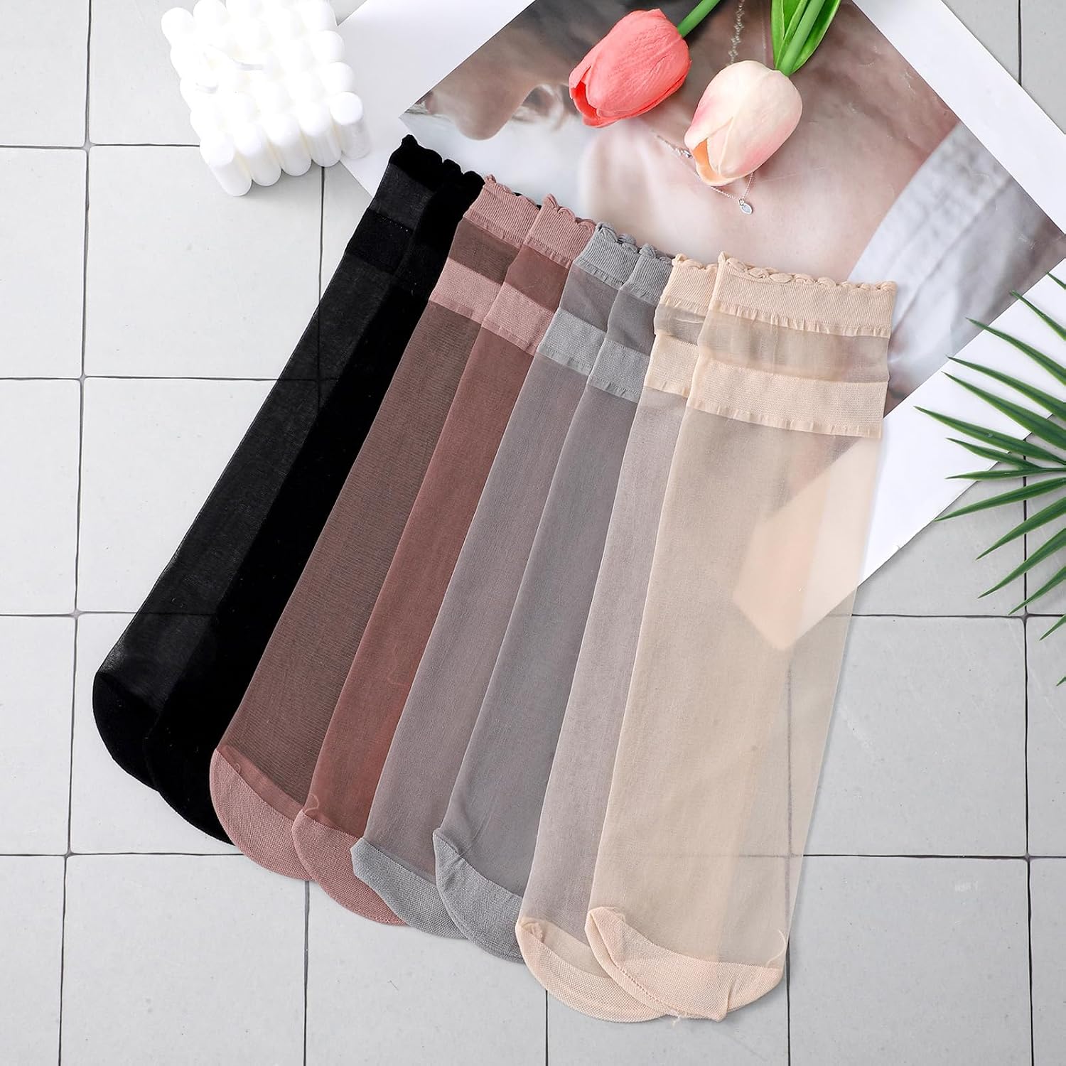 8 Pairs Womens Sheer Ruffle Socks, Ultra Thin Nude Ankle Socks, See Through Silk Nylon Stockings, Anti-Slip Invisible Elastic Short Sheer Sock for Women, Cool Breathable Summer Sock (4 Colors)