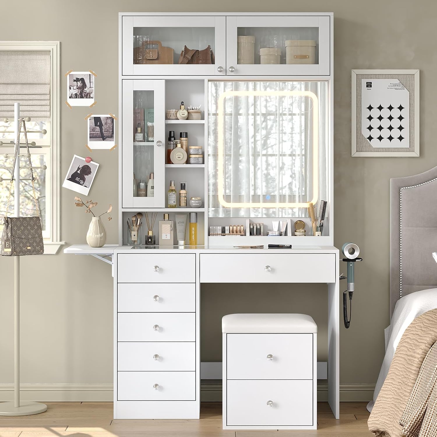 72'' Tall Vanity Desk with LED Mirror, 6 Drawers Makeup Vanity with Charging Station, 2 Transparent Cabinets & 3 Shelves, Glass Top Vanity Set with Storage Stool for Bedroom, White