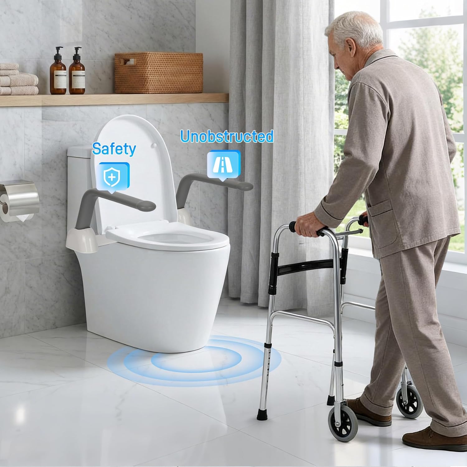 Toilet Safety Rails for Seniors, Adjustable Armrest, Space Saving, Stylish and Durable, Anti Slip and Anti Fall, Suitable for Elderly, Disabled, Pregnant Women with Armrest Toilet Safety Rail