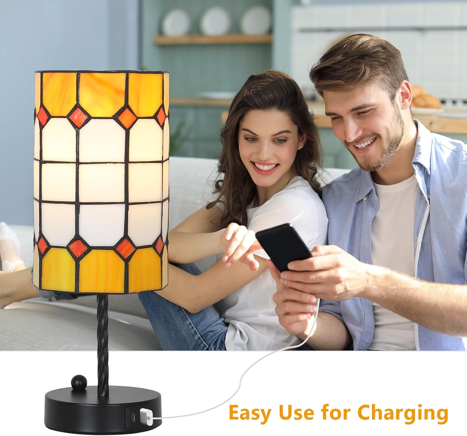 Tiffany Touch Table Lamps, 3 Way Dimmable Tiffany Lamp Set of 2 with Bulbs & USB Charging Port, Stained Glass Lamp for Nightstand, Vintage Desk Lamp for Bedroom, Small Bedside Lamps