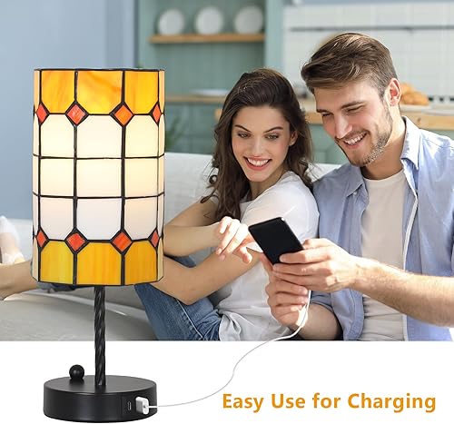 Miniatura 5 de Tiffany - Juego de 2 lámparas de mesa táctiles regulables de 3 vías con bombillas y puerto de carga USB, lámpara de vidrieras para mesita de noche,