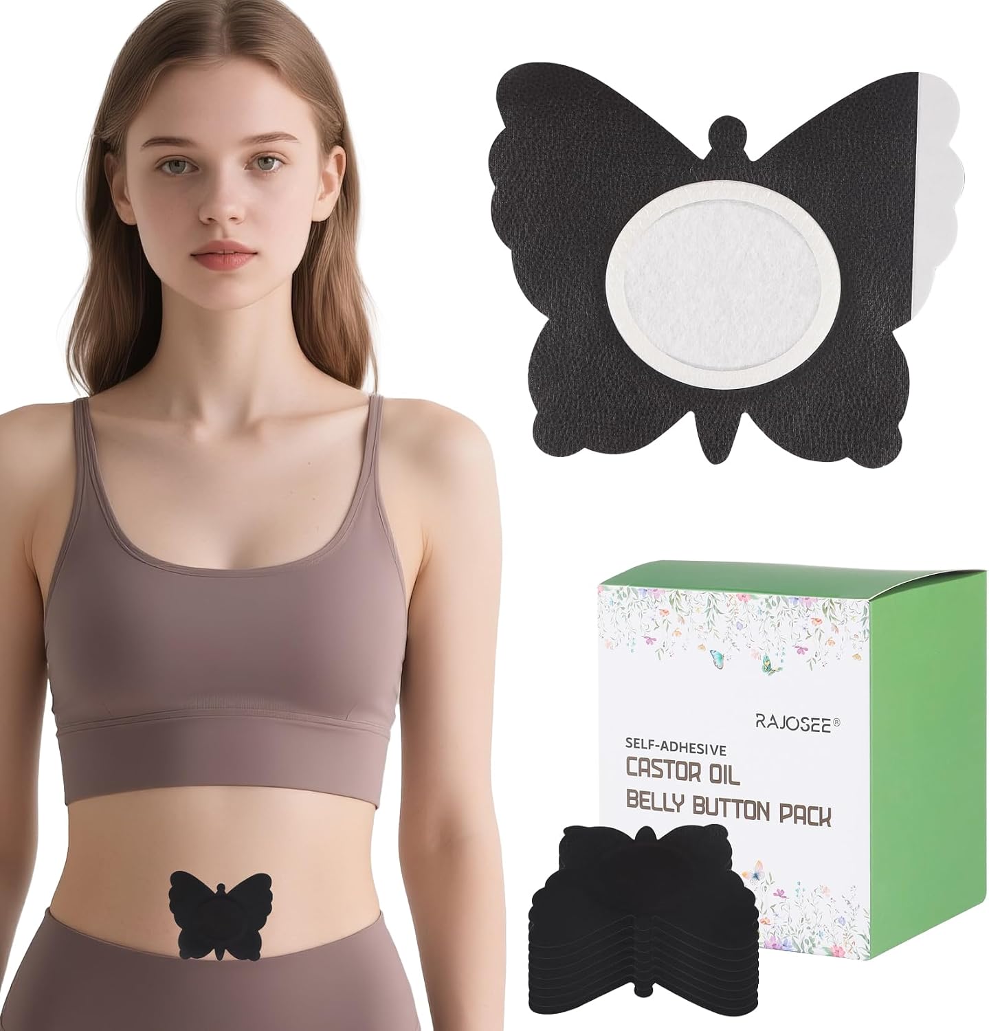 30Pcs Castor Oil Belly Button Patch, Butterfly Design, Highly Absorbent Cotton Castor Oil Pack Wrap Self Adhesive (Oil Not Included) (Beige Butterfly with Oil)