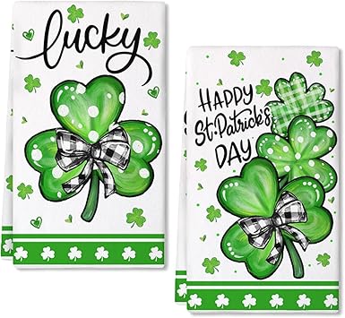 GEEORY Happy St. Patrick s Day Kitchen Towels Set of 2 Shamrock Dish Towels (18x26 Inch)