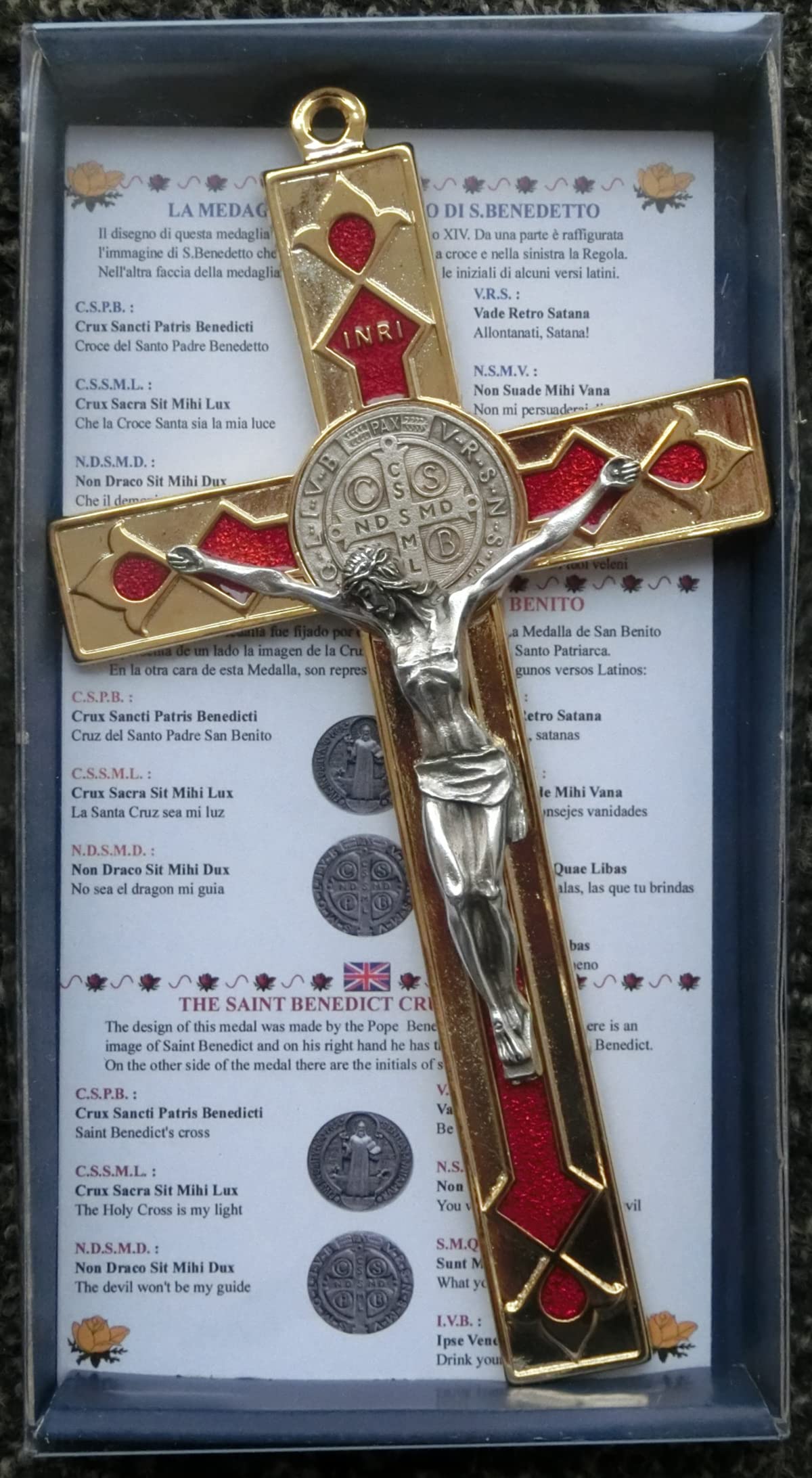Croix Saint Benoît émaillée 20cm - Blanc Et Or - Avec Boîte Cadeau Et Prière - Fabriqué En Italie