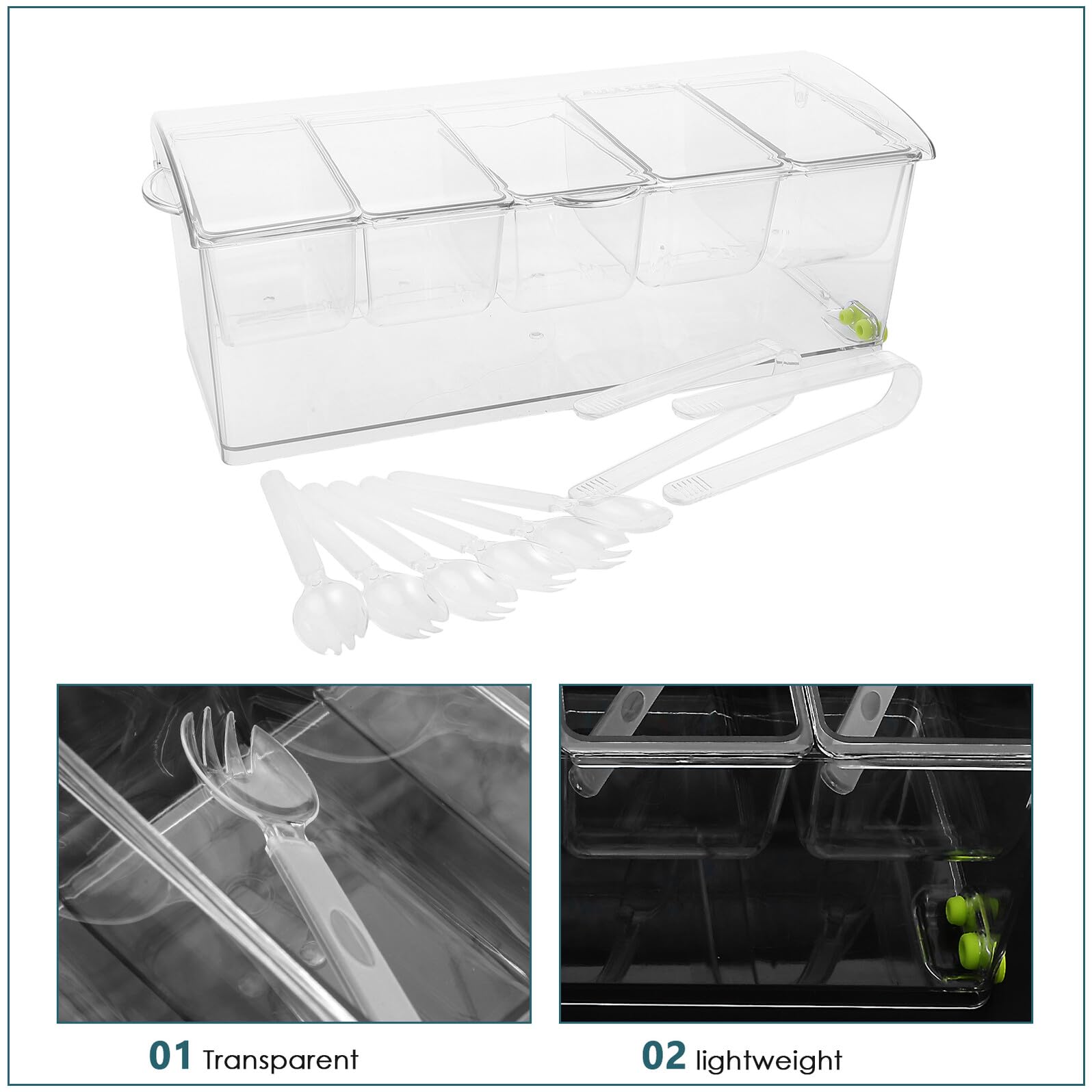 Homoyoyo Set Vassoio per Condimenti Refrigerato con Coperchio 5 Scomparti in Plastica Trasparente Vassoio da Portata per Frutta Insalata e Snack da Bar per Buffet e Cocktail Party