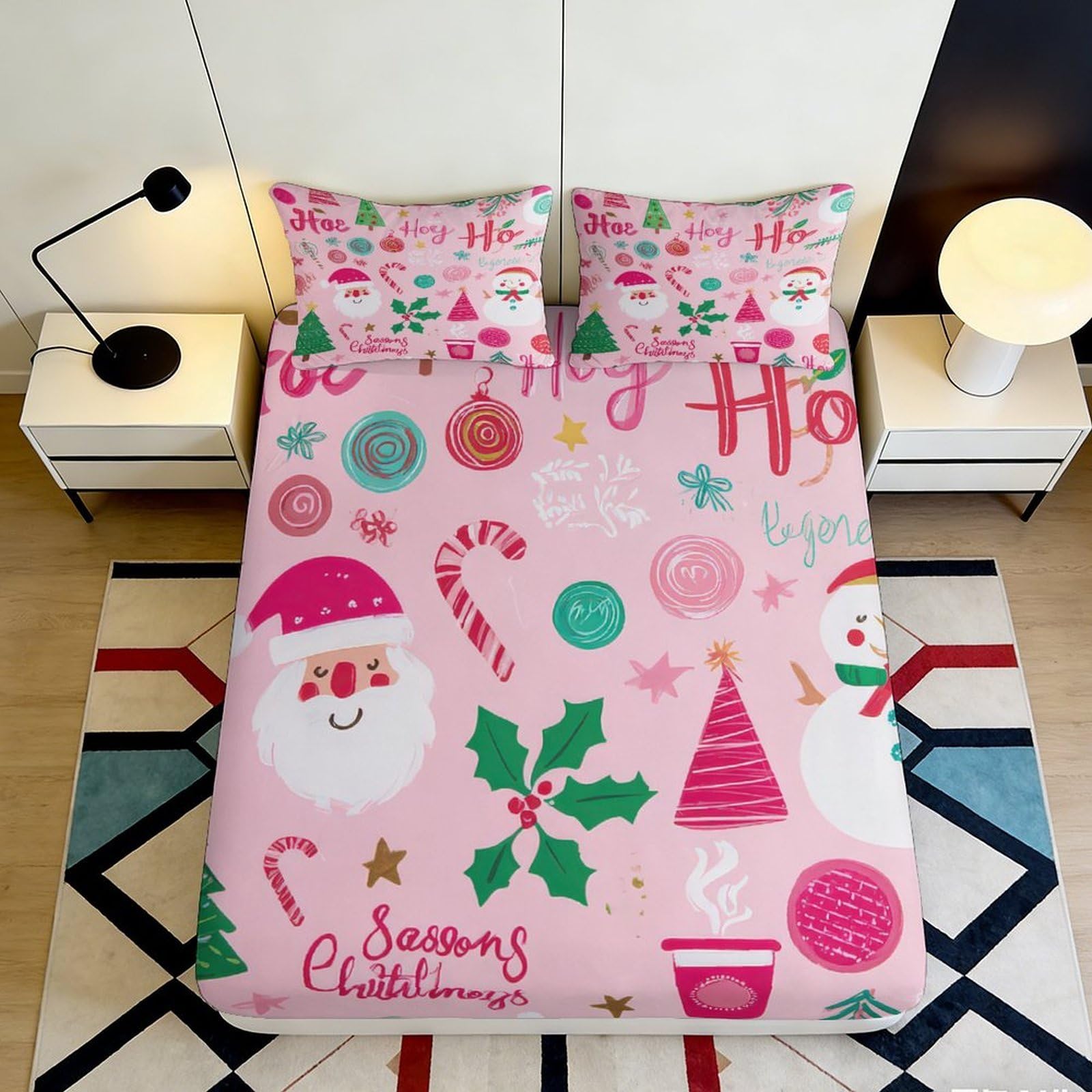 3D Printed Christmas Santa Fitted Sheet Microfiber Pink Candy Snowman Bed Cover Anti-Slip for Bedroom Dorm Decor 120x200x25cm