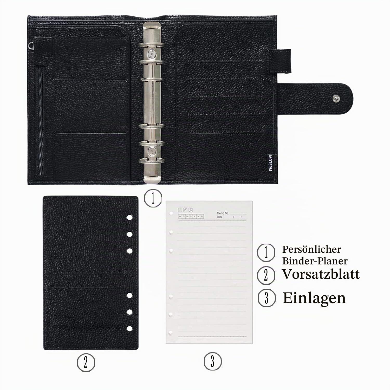 Moterm Personal Regular Ringe Planer - Echtes Leder Binder Organizer (25mm Ring, Kiesel-Schwarz)