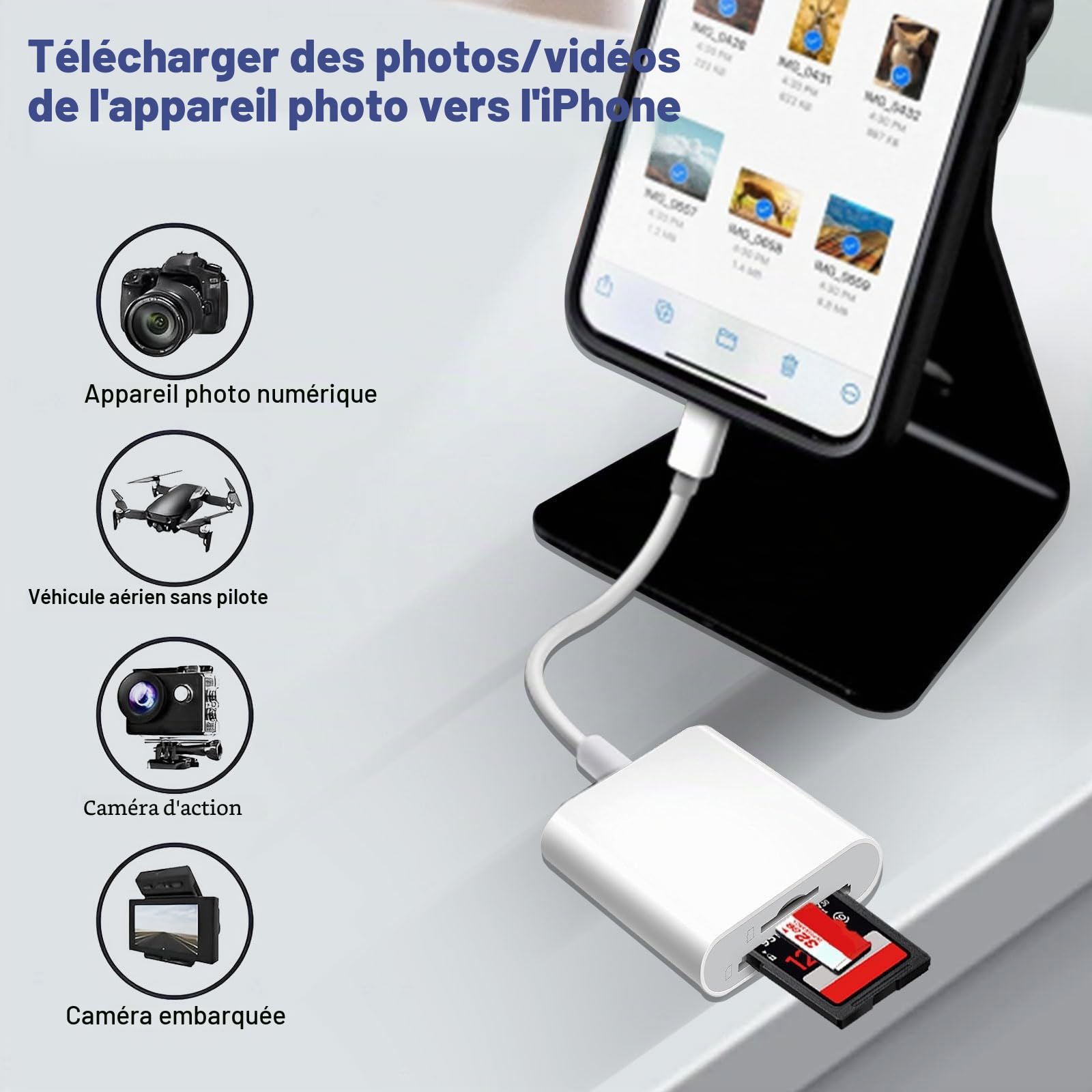 Lecteur de Carte SD pour iPhone iPad, Lightning Adaptateur SD Micro SD
