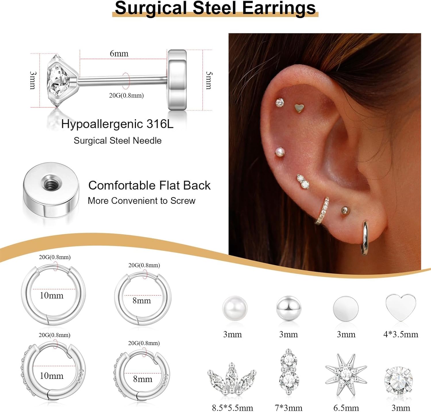 Hypoallergenic Flat Back Earrings for Women: 14K Gold Plated Surgical Stainless Steel Screw Flatback Stud Earrings Sterling Silver Small Huggie Hoop Earrings for Cartilage Earring Sets for Multiple Piercing - Image 6