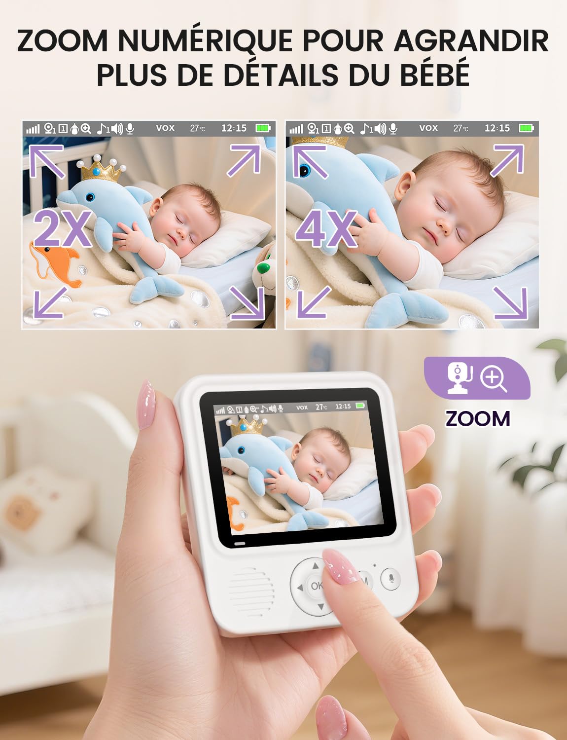 OBVHNUA Babyphone Caméra Bébé avec Écran IPS 2,8 Pouces Babyphone Vidéo sans WiFi ni App Batterie 2000mAh VOX Vision Nocturne Audio Bidirectionnel Surveillance de la Température Zoom 2X/4X