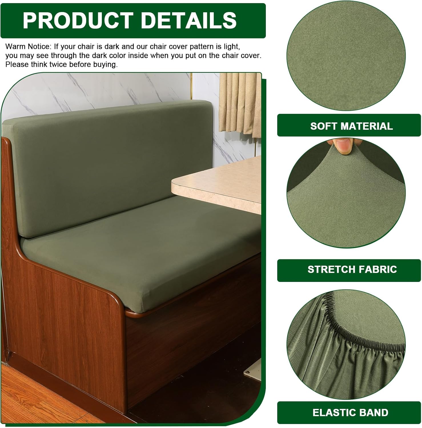 CRFATOP Solid Green RV Dinette Cushion Covers Soft Camper Seat Slipcover Stretch Sofa Loveseat Chair Cover Futon Furniture Protector for RV Camper Car Bench 1 Backrest Cover & 1 Bench Cover