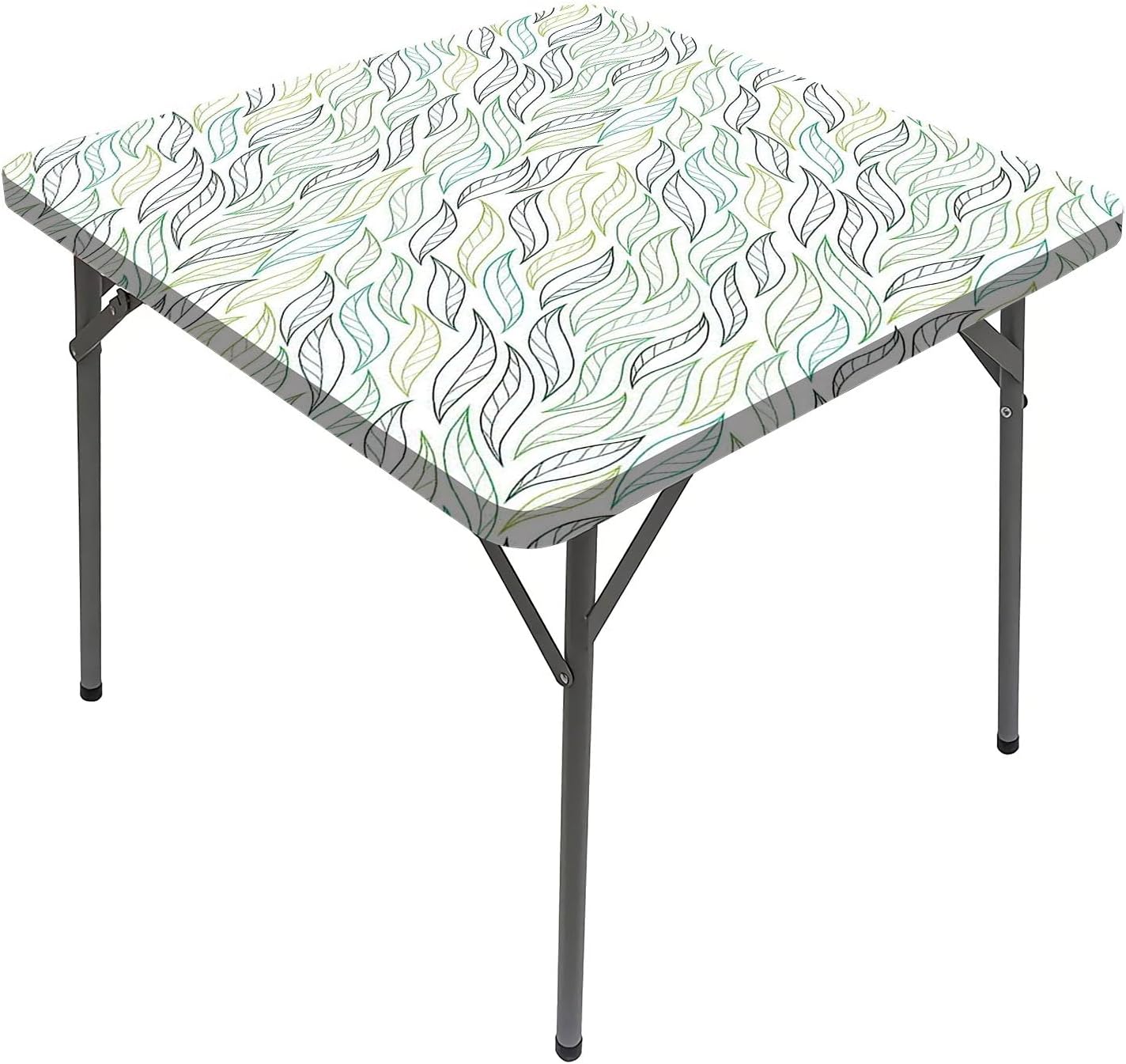 Leaf Table Cover Square, Floral Leaf Patterns Ornamental Lines Elastic Table Cover Square, Fits 44x44 inch Table, for Restaurants Picnic Patio Outdoor Party Decor, Green Soft Green Navy Blue