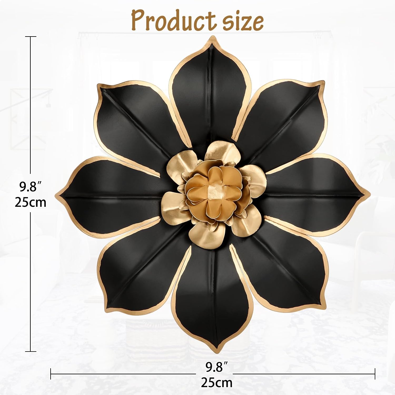 10" Metal Flowers Wall Decor, Black & Gold 3D Floral Metal Wall Art Decor for Inoor & Outdoor Use, Vintage & Modern Walls Arts for Bathroom, Living Room, Bedroom, Office, Garden, Patio, Porch, 1 Piece