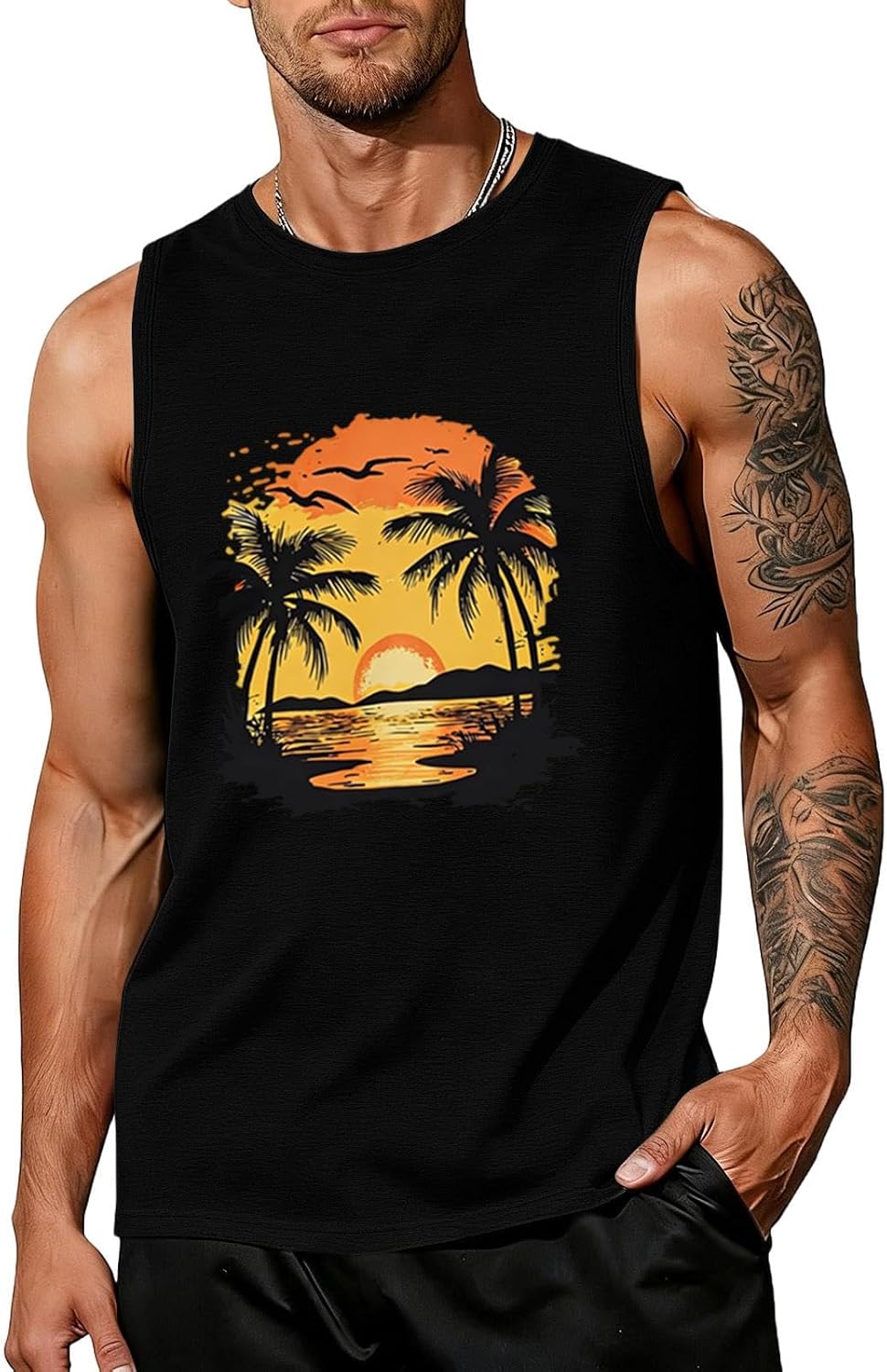 Men's Hawaiian Palm Tree Print Tank Top Workout Gym Muscle Shirts Summer Beach Vacation Sleeveless Tee Shirts