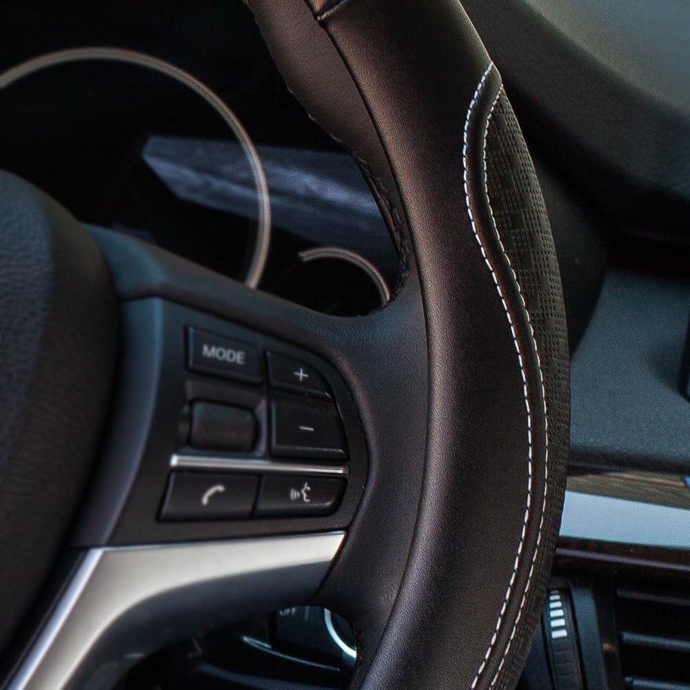 Valleycomfy Leather Steering Wheel Covers Universal 15 inch -Breathable, Anti Slip & Odor Free (Black with White Lines,M(14" 1/2-15" 1/4))