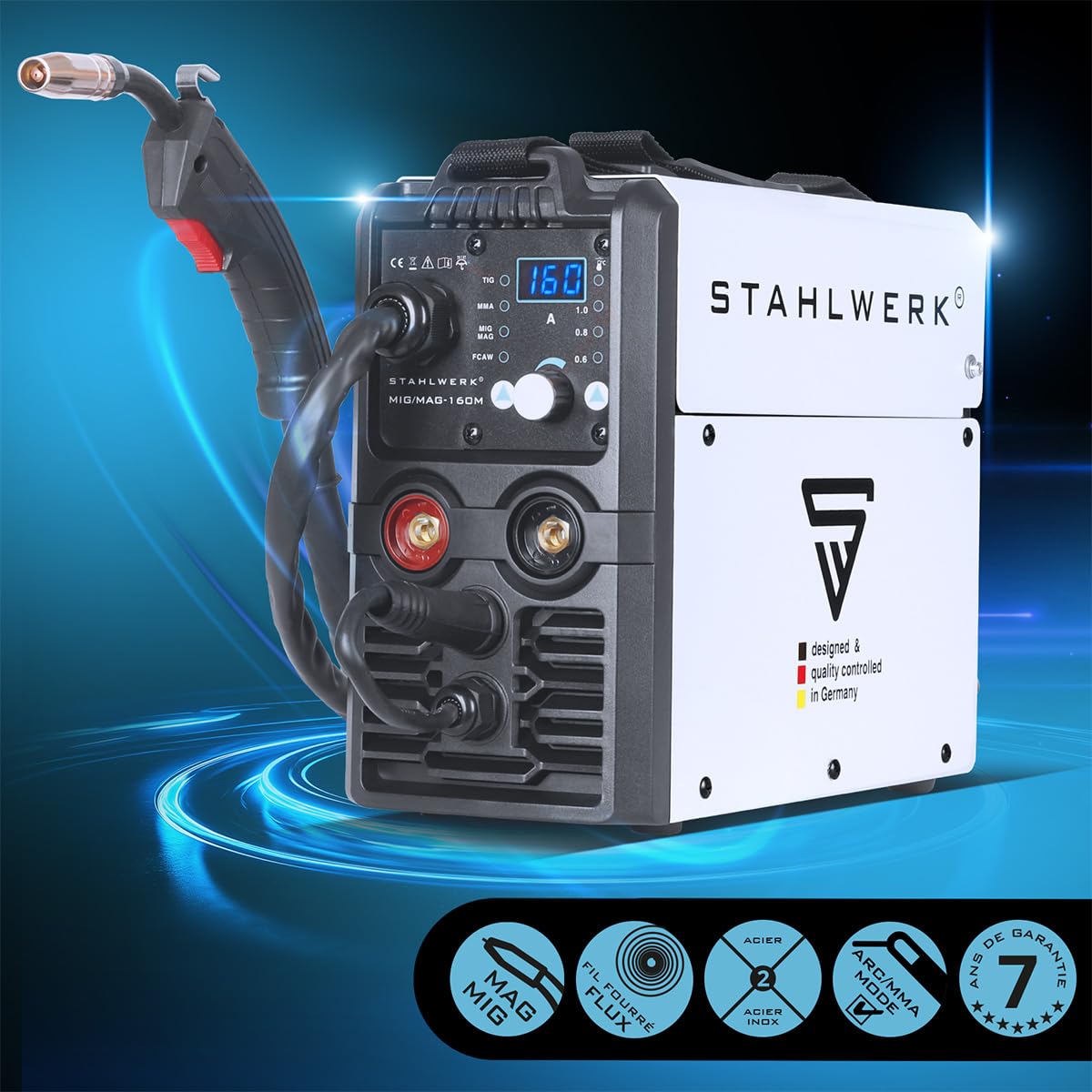 STAHLWERK Poste à Souder MIG/MAG 160 M – Kit complet – Onduleur Combiné 5-en-1 Compact de 160 A pour FLUX (Fil Fourré), MMA (ARC) & Lift-TIG (DC), Seulement 6,8 kg, Hotstart et Anti-Stick