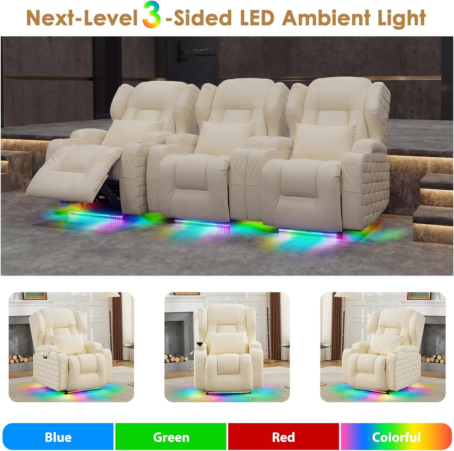 SAMERY Power Recliner Chair with Massage and Heat, Electric Zero Wall Hugger Recliner Sofa Chair Set of 2 for Living Room RV Theater Seating with LED Lights/USB Type-C/Cup Holders/Pockets