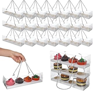 24 Pcs Clear Cupcake Boxes with Handle, 4 Bakery Cake Boxes, 12 x 3 x 3 Inches Rectangular Cupcake Containers for Cupcakes, Dessert, Muffins, Party, Mother's Day, Wedding (White)