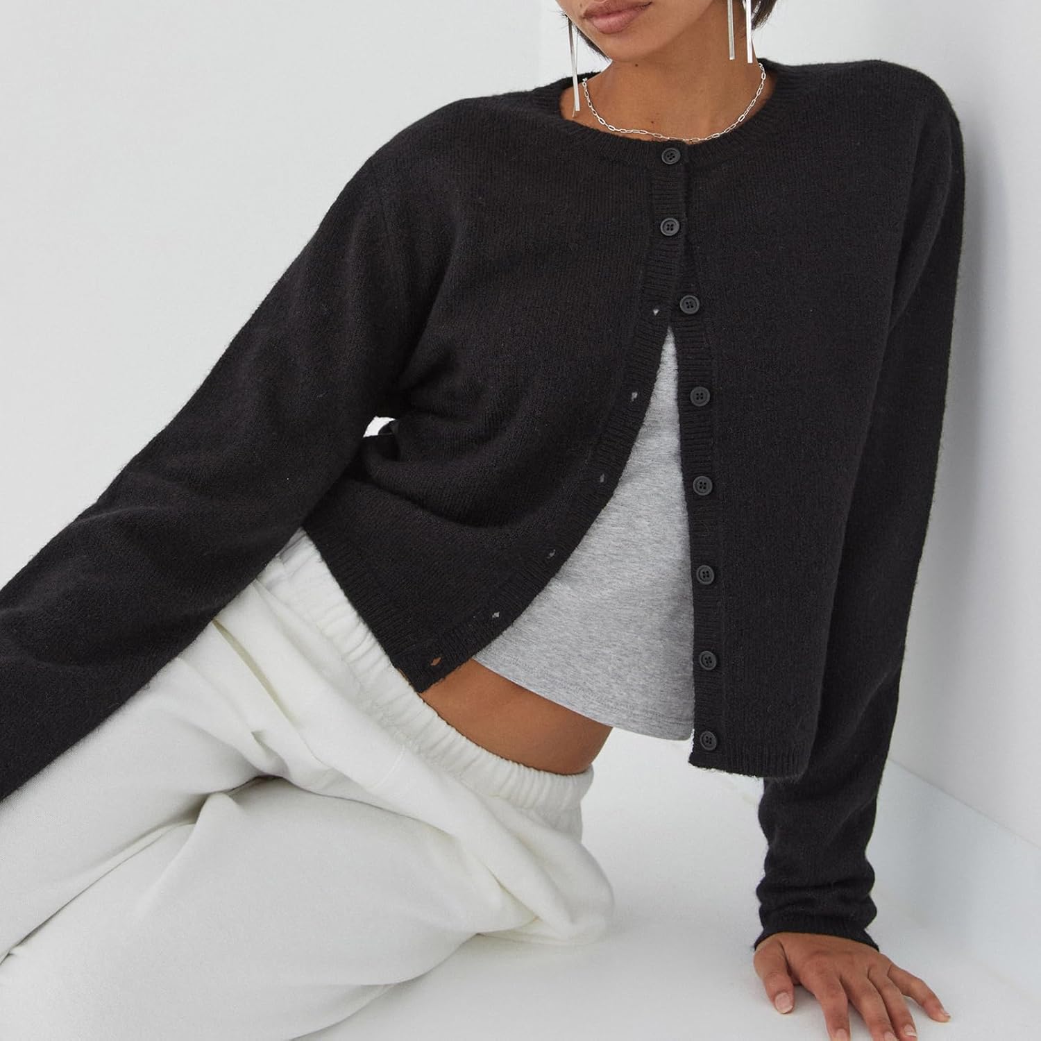 RUEWEY Women's Y2k Crop Cardigan Sweater Button Down Long Sleeve Lightweight Knit Crew Neck Cardigan Tops - Image 4