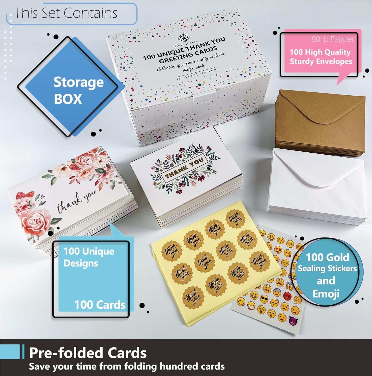 100 Unique Thank You Cards Bulk With Envelopes - 4x6 Blank Note Cards with 100 Different Colorful Designs, No repetition - Cards Pack Set for Businesses Office and Individuals