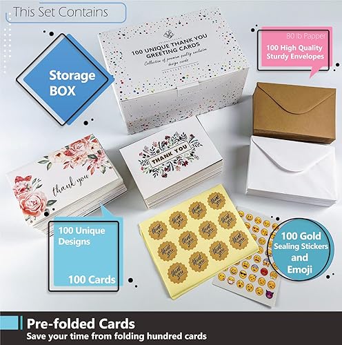 Miniatura 6 de Paquete de 100 tarjetas de agradecimiento con sobres a granel de 4 x 6 pulgadas, juego de notas en blanco con 100 diseños únicos diferentes y lindos