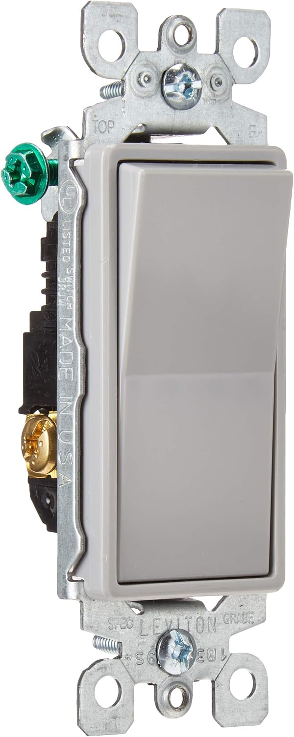 Leviton 5603-2GY 15 Amp, 120/277 Volt, Decora Rocker 3-Way AC Quiet Switch, Residential Grade, Grounding, Gray