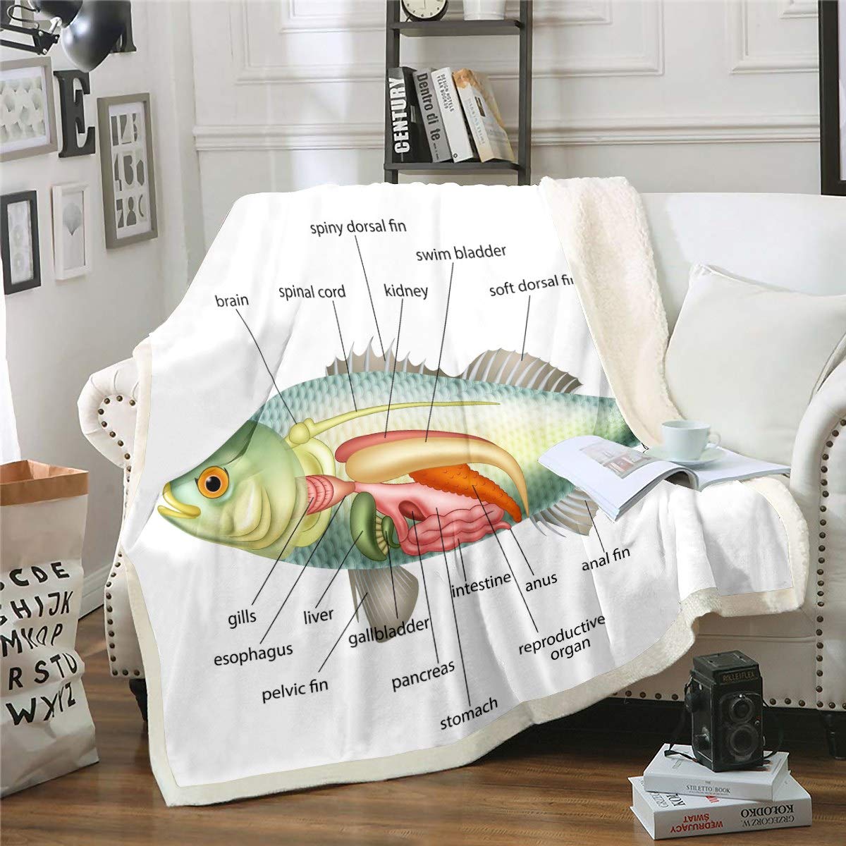 Loussiesd Fish Pattern Throw Blanket Fish Anatomy Design Sherpa Blanket for Couch Chair Sofa Ocean Marine Theme Fleece Blanket Creature Sealife Warm Plush Blanket Bedroom Decor Single 50"x60"