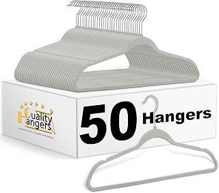 QualityHangers 50 Pack Slim Gray Plastic Hangers - Non-Velvet Non-Slip Notches, 360° Swivel Hook for Coats, Dresses, Shirts & Jackets